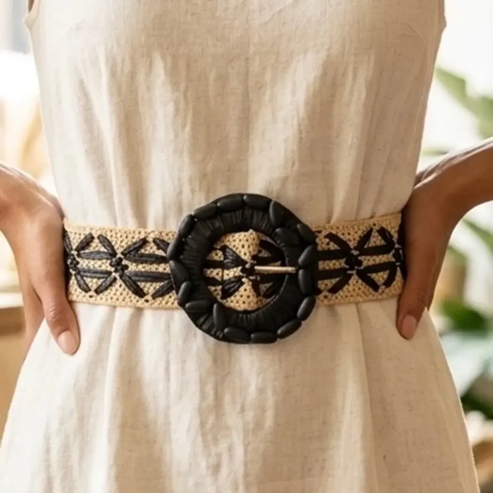 BOUTIQUE | Woven Straw Statement Belt Natural Tan Black Wide |